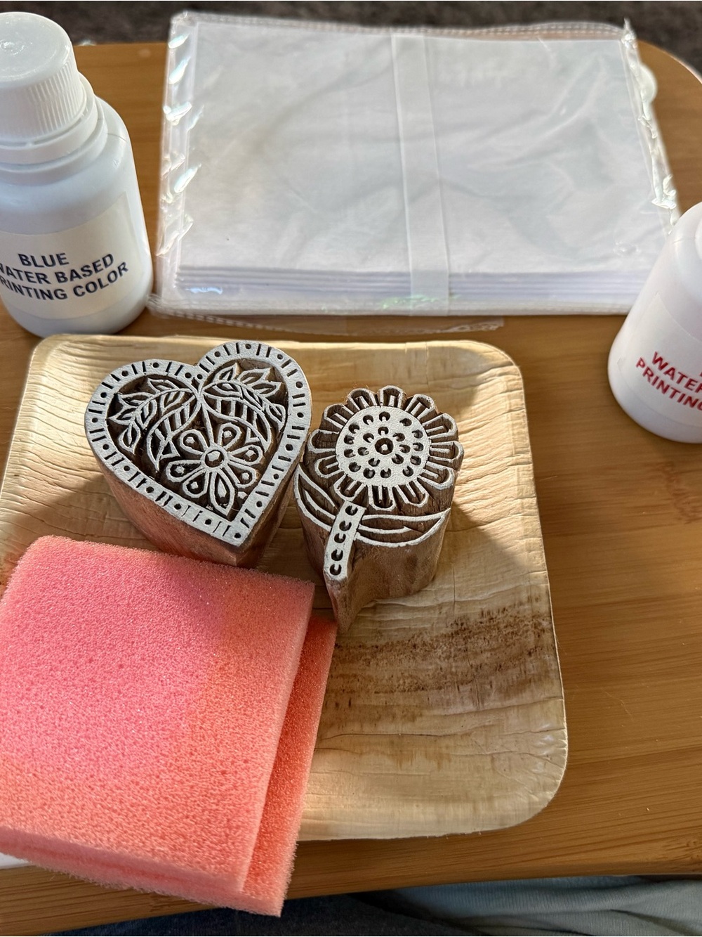 Noonday Collection Wooden Heart & Flower Block Stamps with Ink, Cards, Envelopes